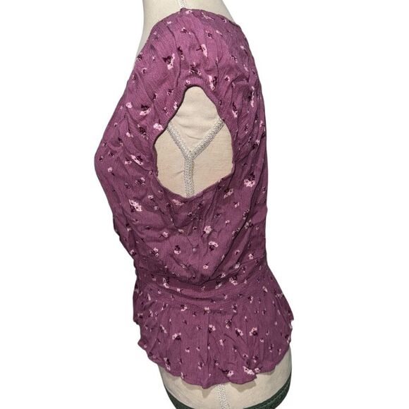 Moral Fiber Mauve Floral Short Sleeve V Neck Button Down Peplum Blouse size L - Picture 6 of 11